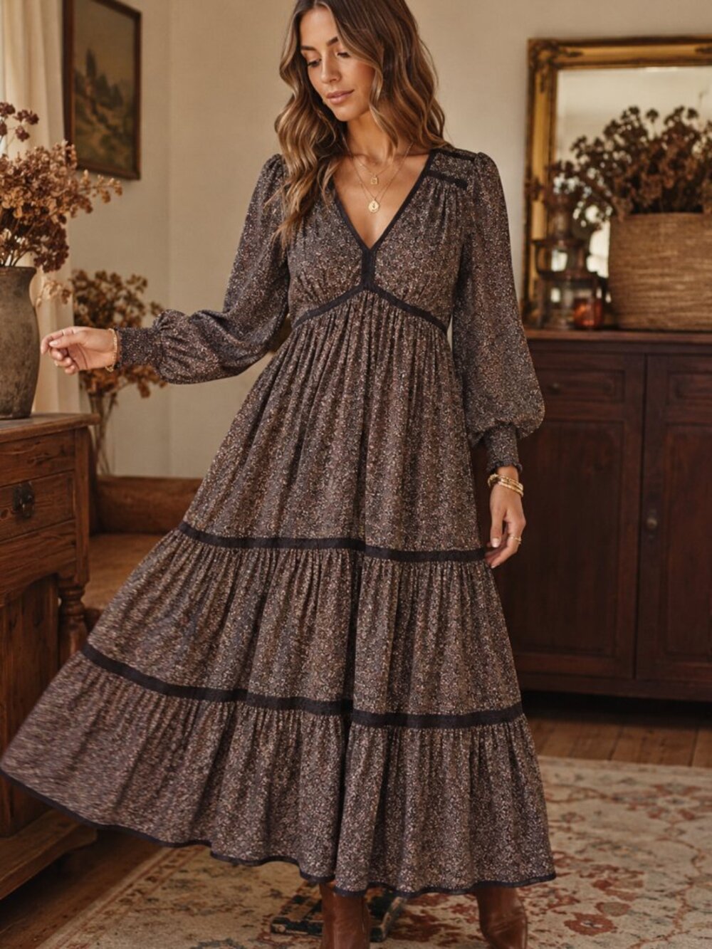 Ditsy Floral Crochet Trim Tiered Maxi Dress L Prairie Boho Cottagecore In Loom